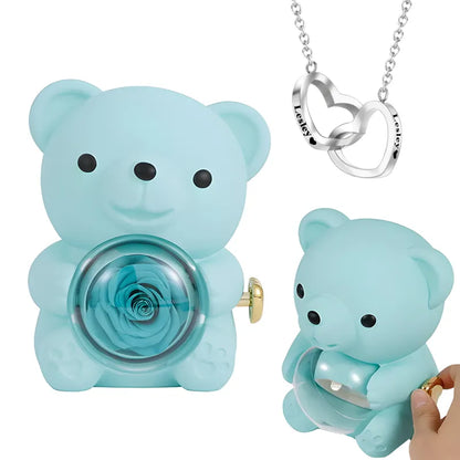 Close detail of the foam rose bear keepsake included with the personalised jewellery set — 12×13×15.5cm romantic display piece