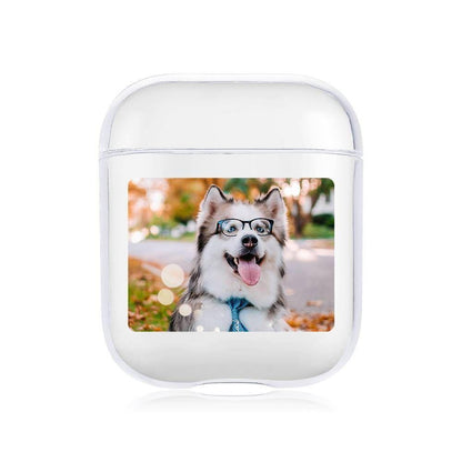Front view of a transparent acrylic AirPods case with a personalised print.