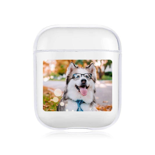 Front view of a transparent acrylic AirPods case with a personalised print.