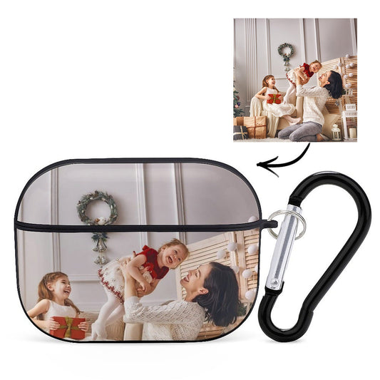 Personalised AirPods Pro case with a custom photo print on durable PC, featuring a metal keychain clip and precise charging cut-outs.