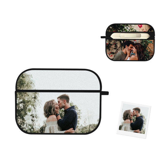 Front view of a personalised photo AirPods case showing a printed image and accessible charging port.
