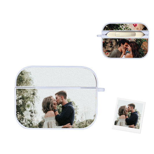 Close-up side view of a personalised AirPods case with a photo print.