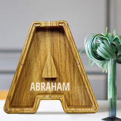 Personalised 26 Letters Piggy Bank - Custom Name Wooden Money Box in Tung Wood