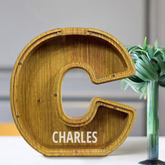Personalised 26 Letters Piggy Bank - Custom Name Wooden Money Box in Tung Wood