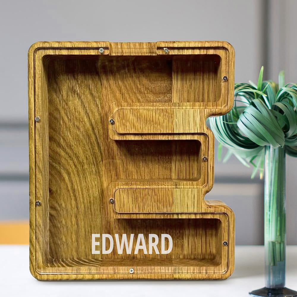 Personalised 26 Letters Piggy Bank - Custom Name Wooden Money Box in Tung Wood
