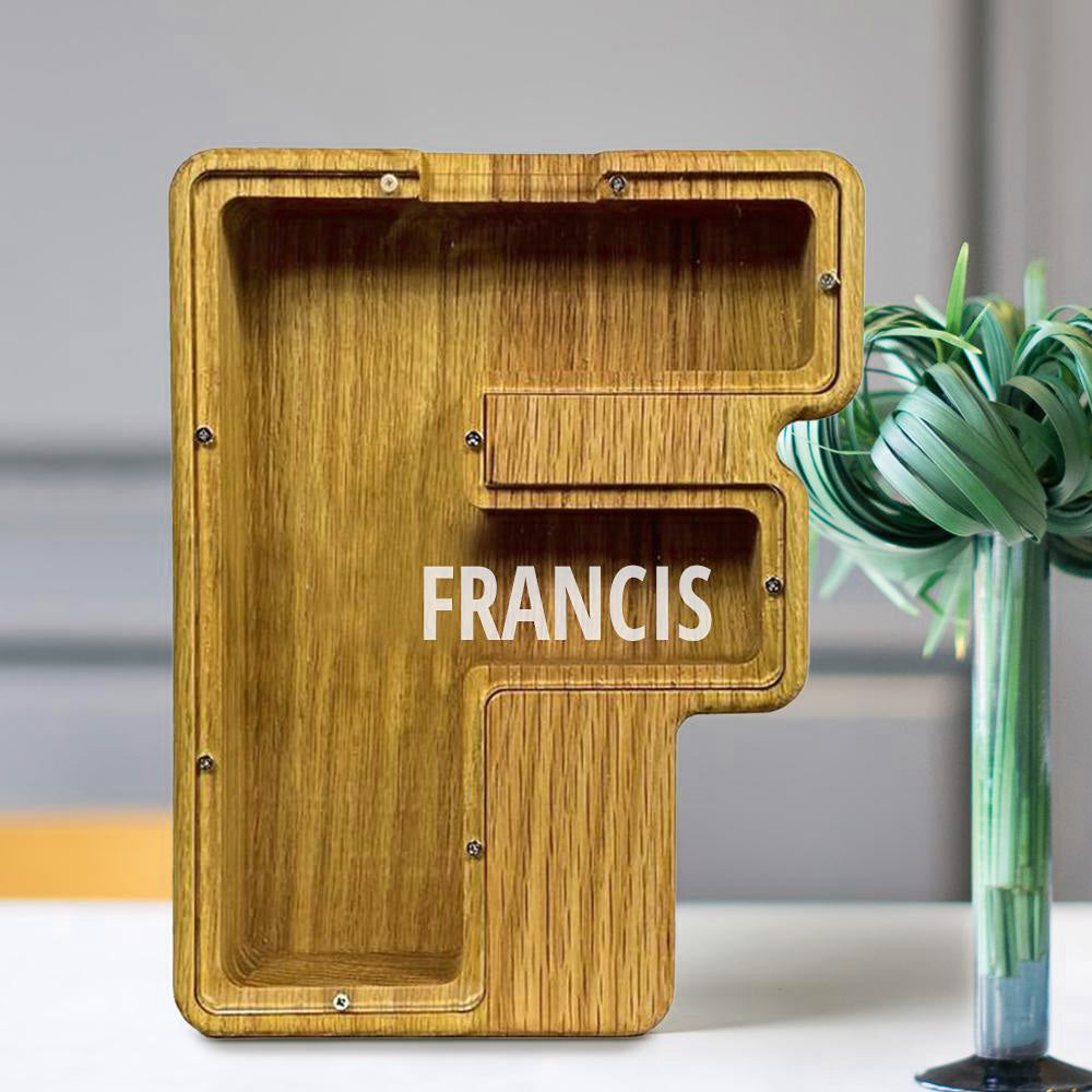 Personalised 26 Letters Piggy Bank - Custom Name Wooden Money Box in Tung Wood
