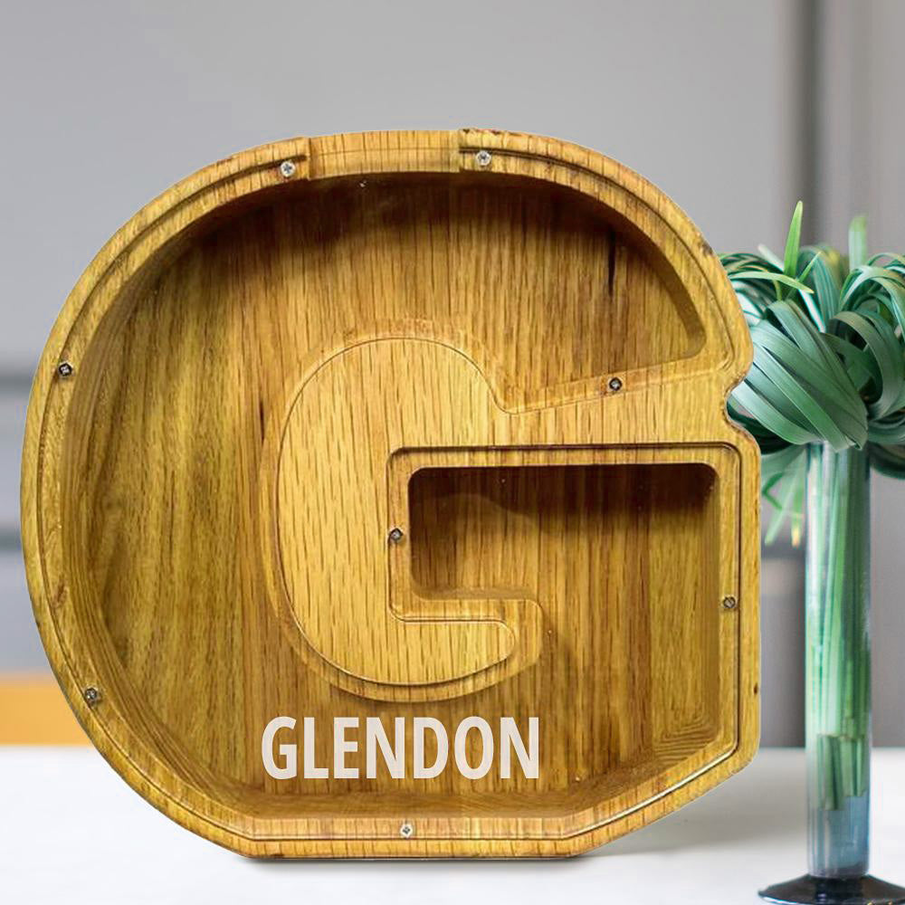 Personalised 26 Letters Piggy Bank - Custom Name Wooden Money Box in Tung Wood