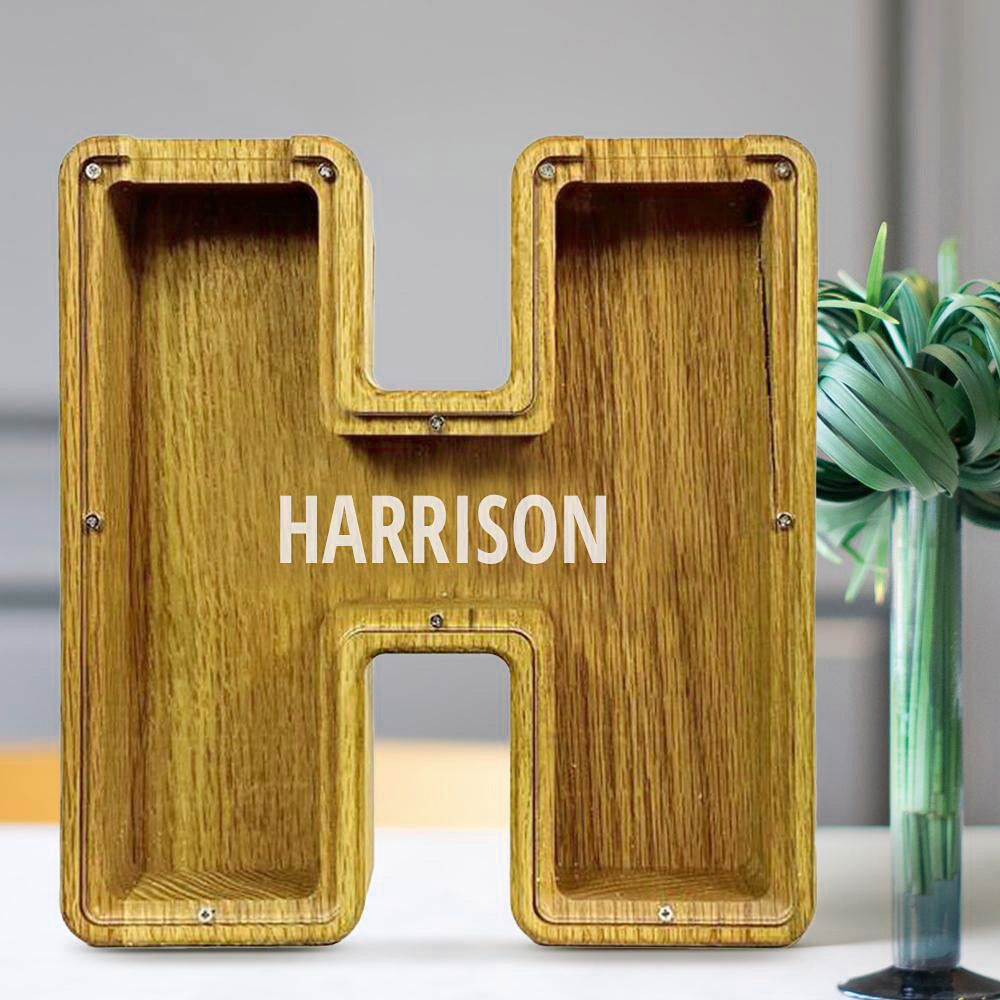 Personalised 26 Letters Piggy Bank - Custom Name Wooden Money Box in Tung Wood
