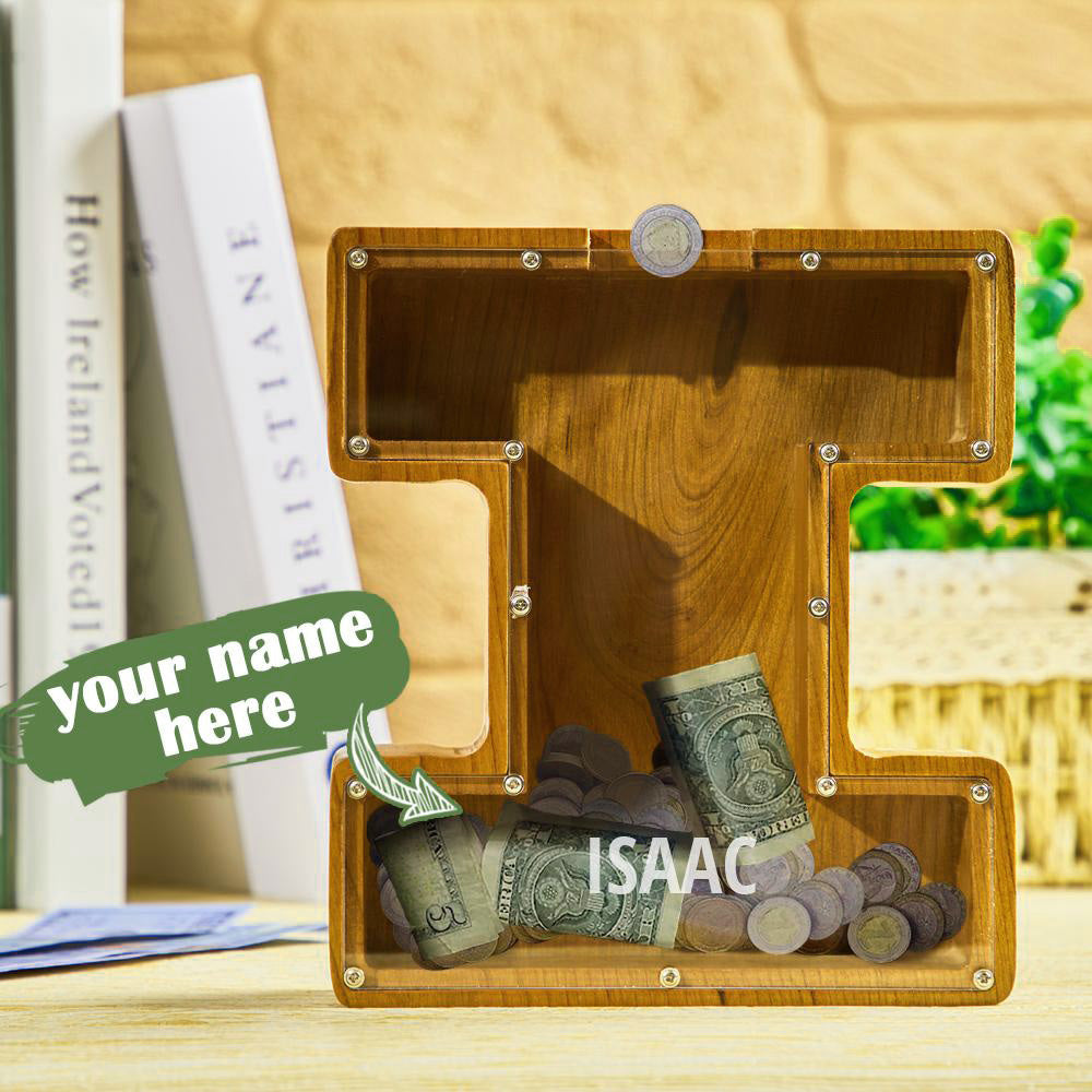 Personalised 26 Letters Piggy Bank - Custom Name Wooden Money Box in Tung Wood