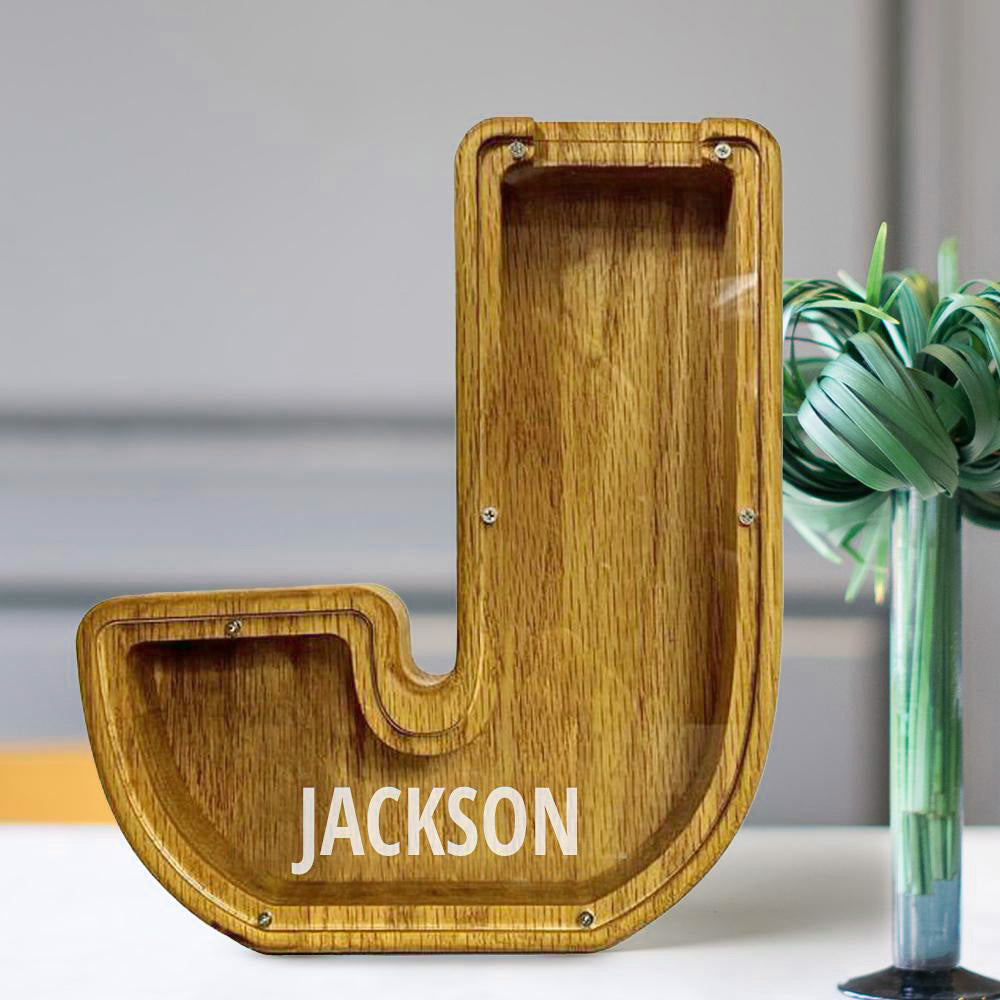 Personalised 26 Letters Piggy Bank - Custom Name Wooden Money Box in Tung Wood