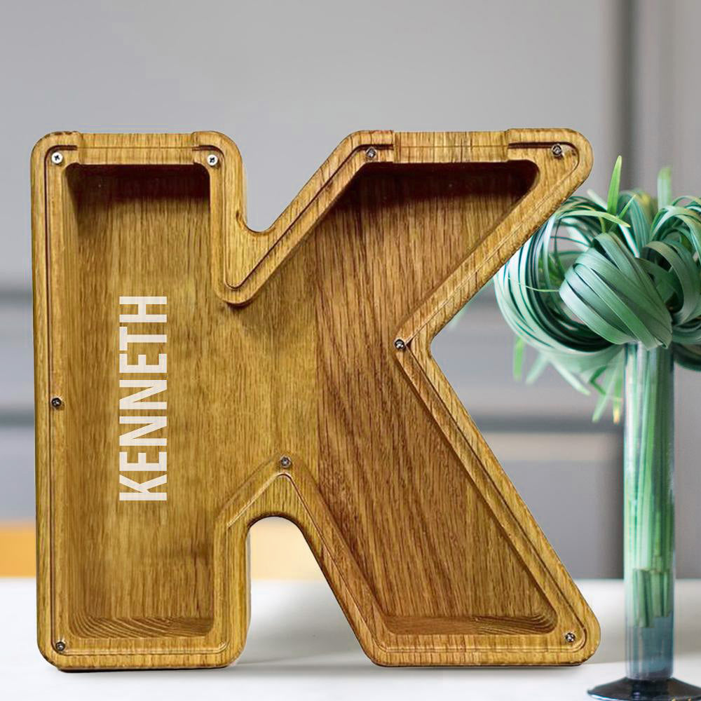 Personalised 26 Letters Piggy Bank - Custom Name Wooden Money Box in Tung Wood