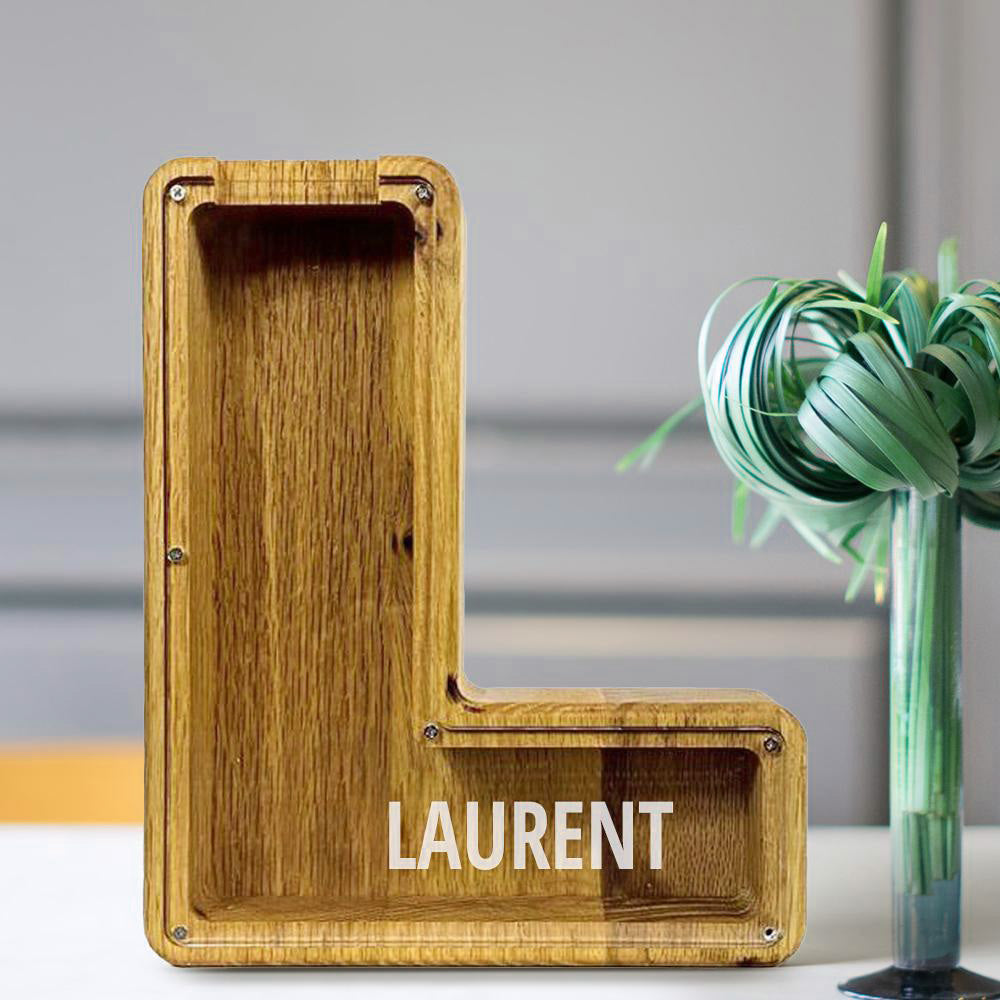 Personalised 26 Letters Piggy Bank - Custom Name Wooden Money Box in Tung Wood
