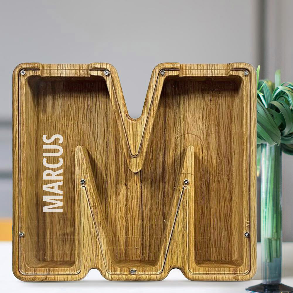 Personalised 26 Letters Piggy Bank - Custom Name Wooden Money Box in Tung Wood