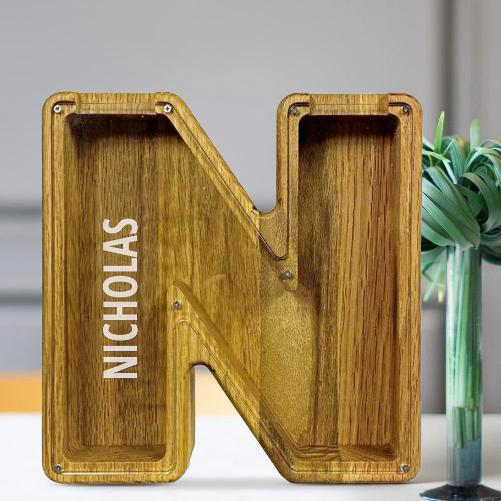 Personalised 26 Letters Piggy Bank - Custom Name Wooden Money Box in Tung Wood