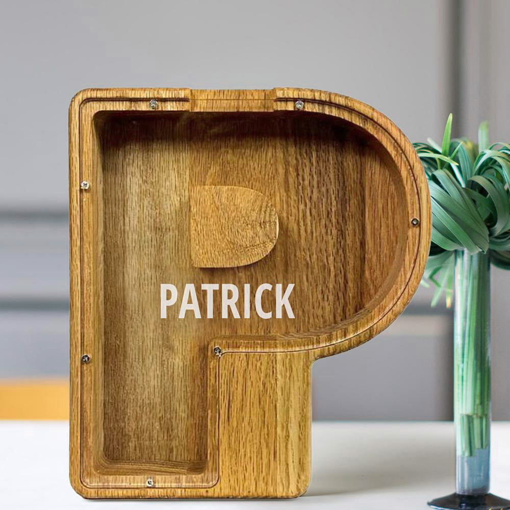 Personalised 26 Letters Piggy Bank - Custom Name Wooden Money Box in Tung Wood