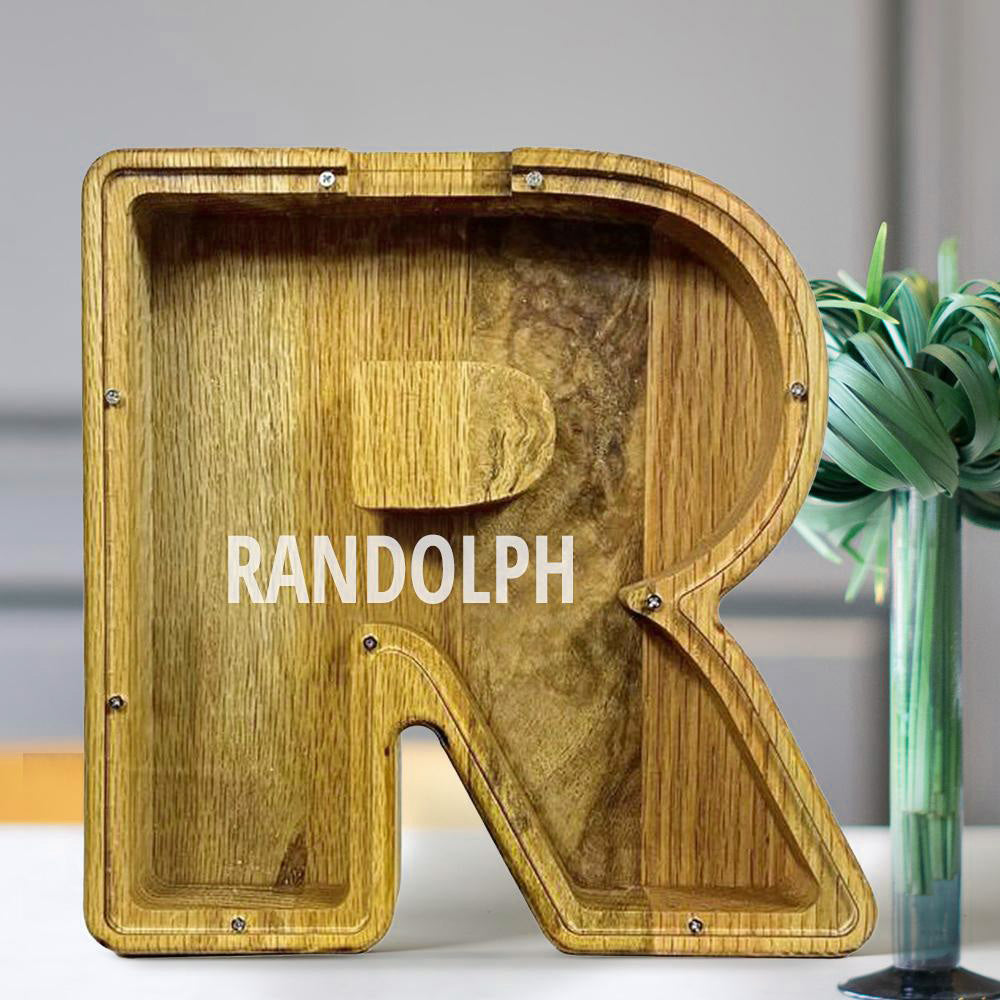 Personalised 26 Letters Piggy Bank - Custom Name Wooden Money Box in Tung Wood