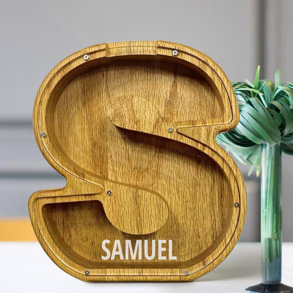 Personalised 26 Letters Piggy Bank - Custom Name Wooden Money Box in Tung Wood