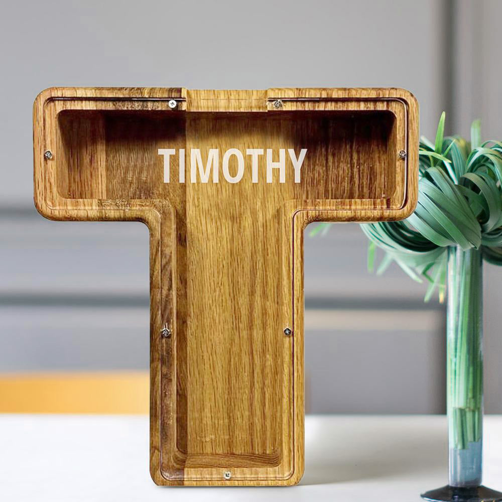 Personalised 26 Letters Piggy Bank - Custom Name Wooden Money Box in Tung Wood