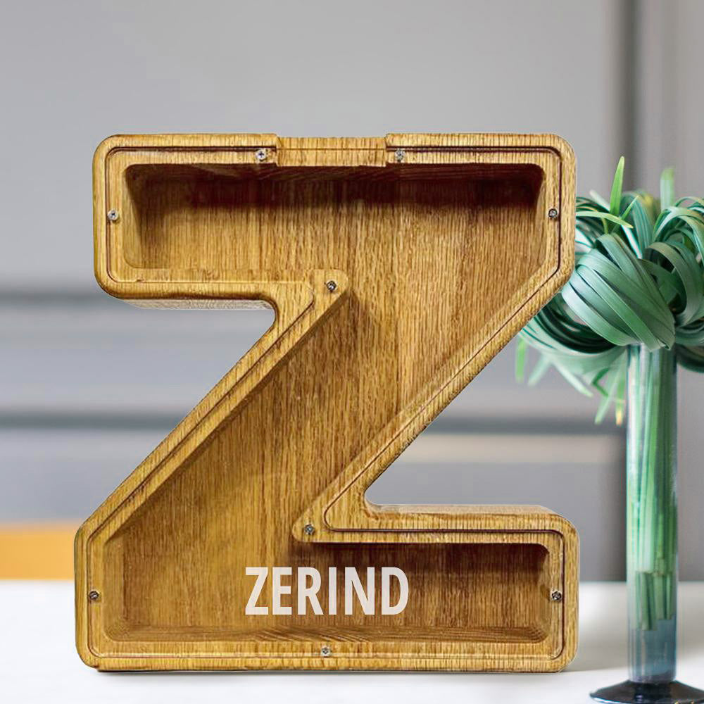 Personalised 26 Letters Piggy Bank - Custom Name Wooden Money Box in Tung Wood