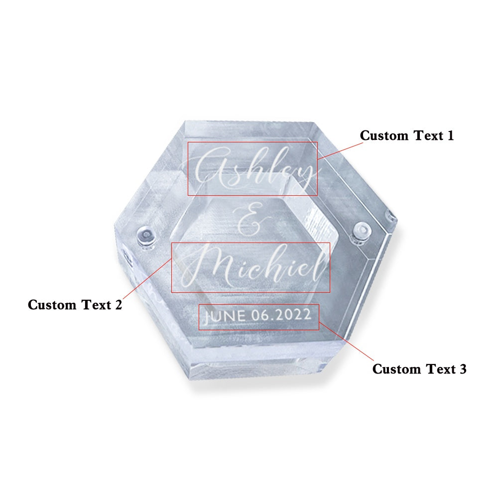 Personalised Acrylic & Walnut Wedding Ring Box - Custom Hexagonal Jewelry Gift