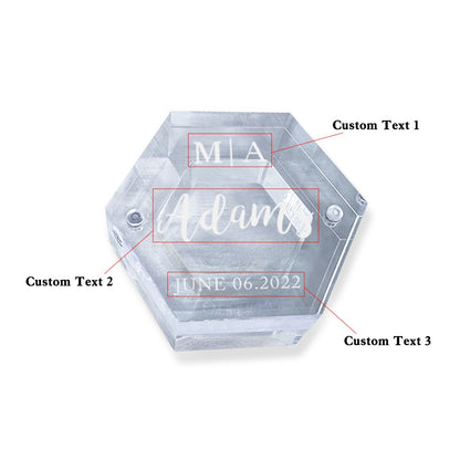 Personalised Acrylic & Walnut Wedding Ring Box - Custom Hexagonal Jewelry Gift