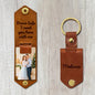 Front view of personalised engraved PU leather keyring featuring a vivid custom photo printed on a metal plate, shiny buckle and solid metal key ring — custom metal keychain with photo, ideal personalised gift