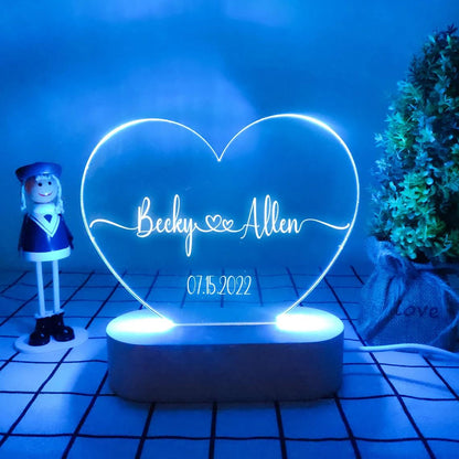 Personalised Heart Shaped Night Light with Custom Name & Date - Acrylic Plaque