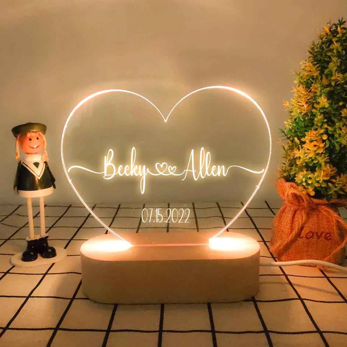 Heart Shaped Acrylic Plaque Personalized Name and Date Night Light