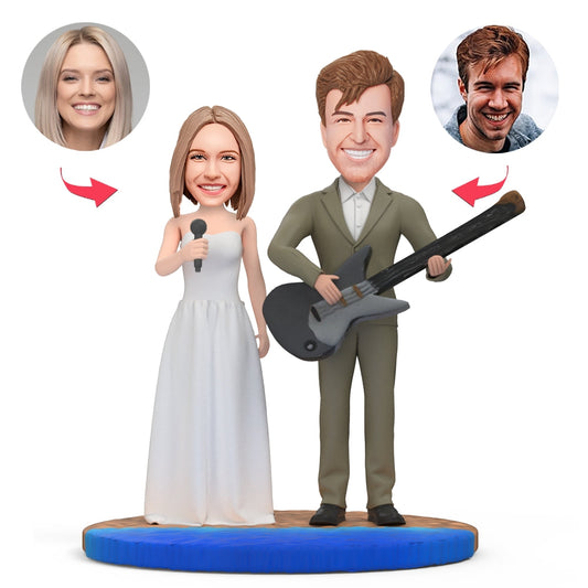 Personalised guitar wedding bobblehead with engraved text on the base, polymer clay musician figurine and bespoke wedding keepsake gift