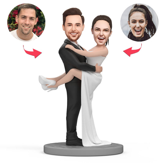 Personalised wedding bobblehead – polymer clay figure with a custom head made from your photo, fixed body and clothing as pictured, engraved base keepsake