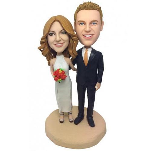 Personalised wedding cheongsam bobblehead with engraved text - polymer clay bride figurine with customised head from your photo and traditional cheongsam dress keepsake