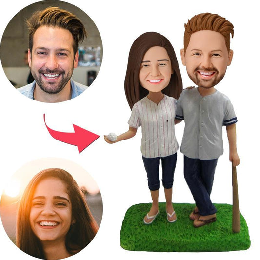 Personalised baseball couple bobblehead in polymer clay with customised heads and engraved text on the base — front view (personalised bobblehead, baseball bobblehead)