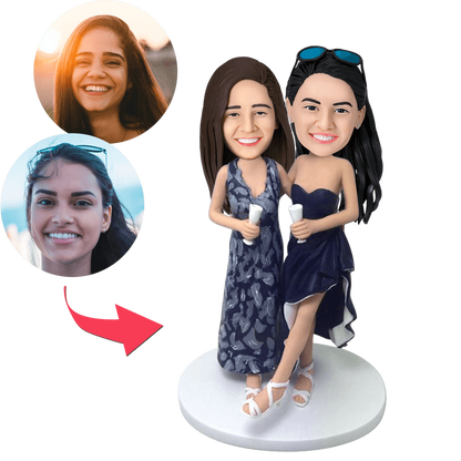 Custom Lesbian Couple Bobblehead pair – personalised handcrafted polymer clay figures with engraved text on base, ideal same-sex wedding or anniversary gift