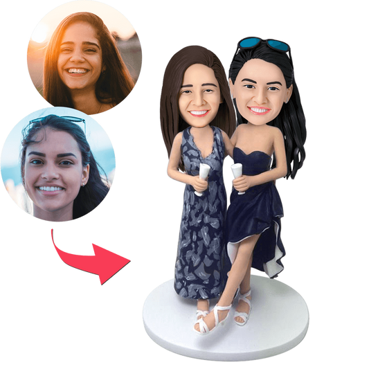 Custom Lesbian Couple Bobblehead pair – personalised handcrafted polymer clay figures with engraved text on base, ideal same-sex wedding or anniversary gift