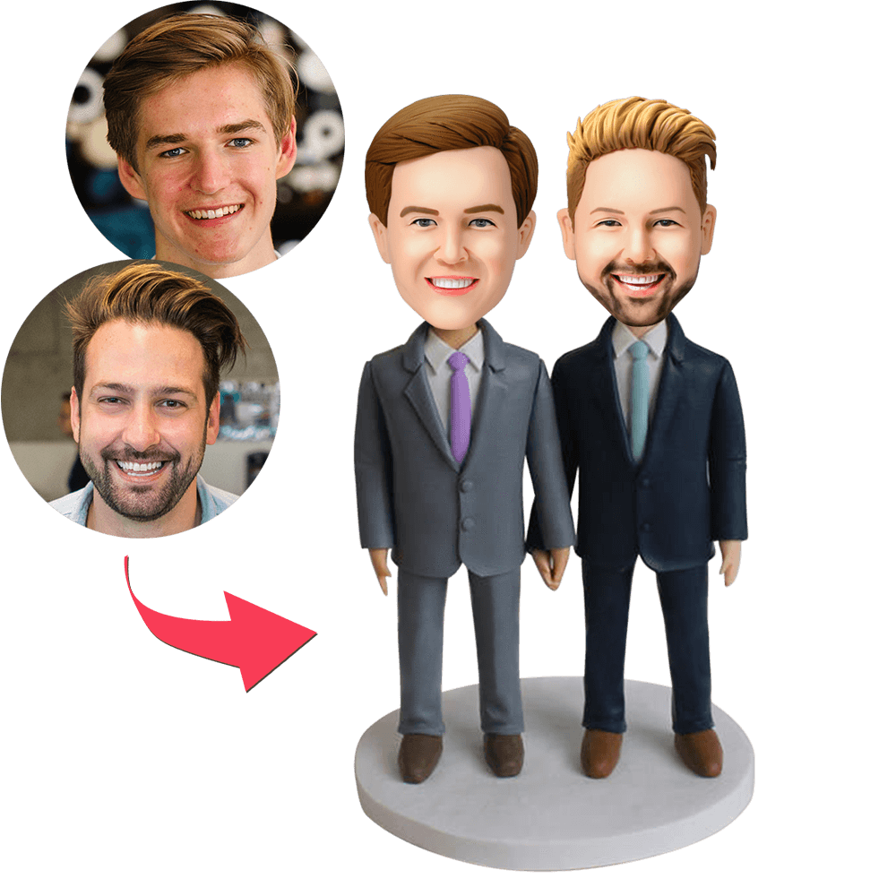 Custom bobbleheads for gay couples — personalised polymer-clay male couple with engraved text base, handcrafted UK anniversary gift made from your photos