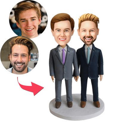 Custom bobbleheads for gay couples — personalised polymer-clay male couple with engraved text base, handcrafted UK anniversary gift made from your photos