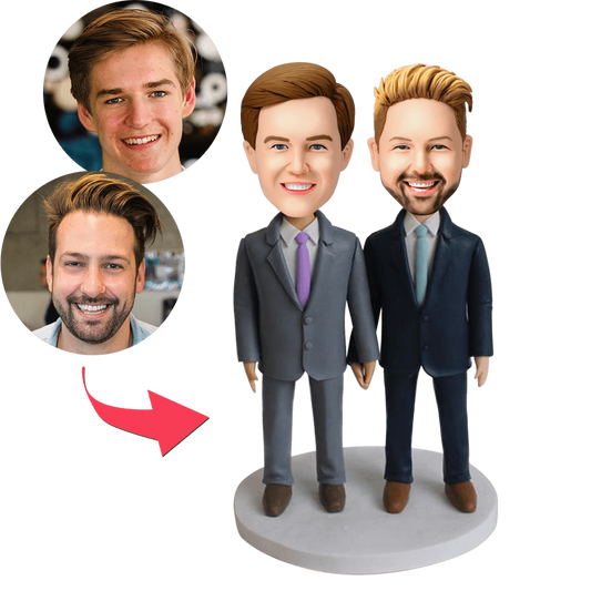 Custom bobbleheads for gay couples — personalised polymer-clay male couple with engraved text base, handcrafted UK anniversary gift made from your photos