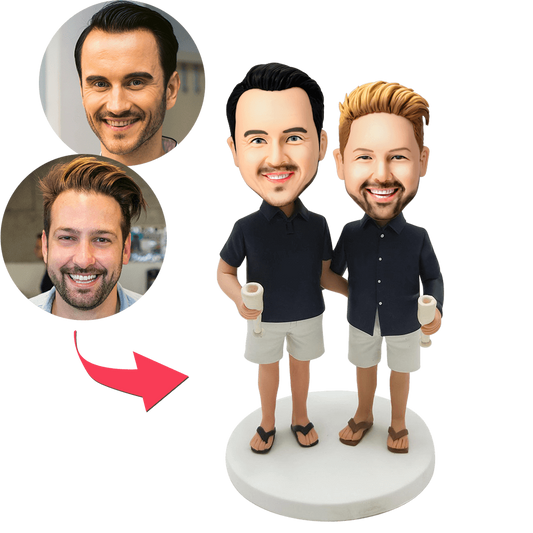 Personalised Same-Sex Couple Bobblehead with Engraved Text - Custom Figurine Gift