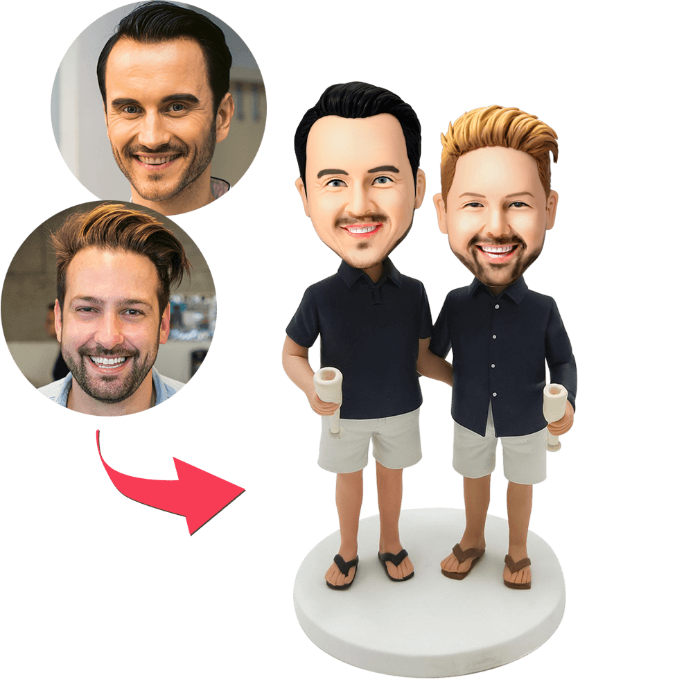 Personalised custom male couple bobblehead with engraved text on base — anniversary gift showing two polymer-clay male figures with customised heads