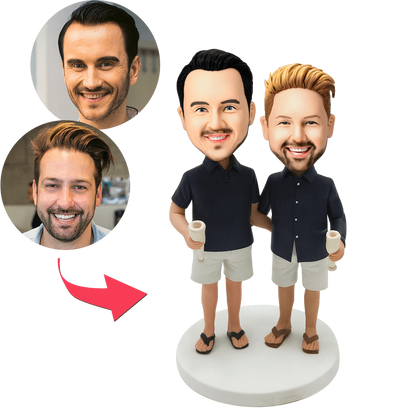 Personalised custom male couple bobblehead with engraved text on base — anniversary gift showing two polymer-clay male figures with customised heads