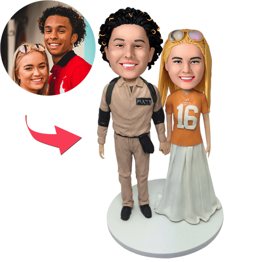 Personalised couple bobblehead with engraved base — handmade polymer clay figurine, custom heads made from photos, ideal anniversary gift (Australia & UK)