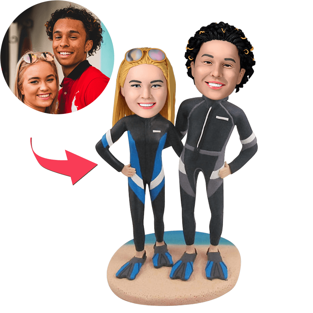 Diving couple on the beach personalised bobblehead in polymer clay with engraved base — custom scuba diver figurine and personalised bobble head (UK/AU) keepsake for weddings, anniversaries or ocean lovers