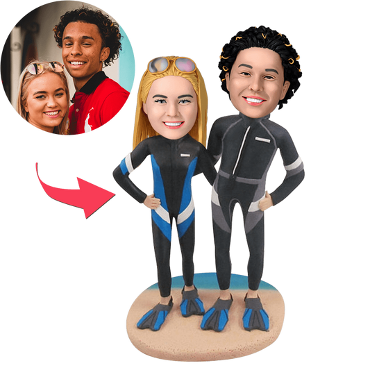 Diving couple on the beach personalised bobblehead in polymer clay with engraved base — custom scuba diver figurine and personalised bobble head (UK/AU) keepsake for weddings, anniversaries or ocean lovers