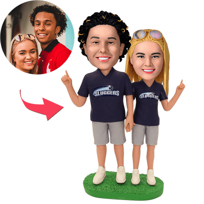 Custom football couple bobblehead with engraved text — personalised gift for fans, handcrafted polymer clay figurines in matching kits