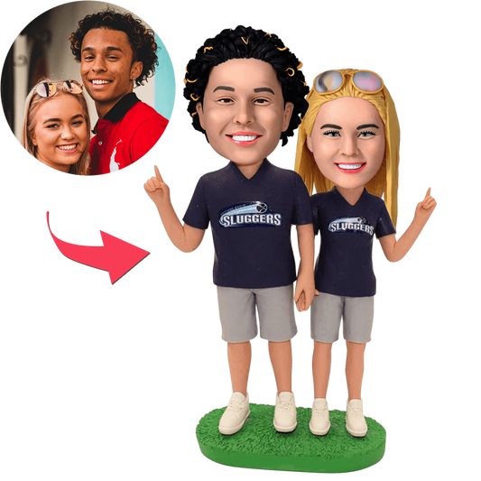 Custom football couple bobblehead with engraved text — personalised gift for fans, handcrafted polymer clay figurines in matching kits