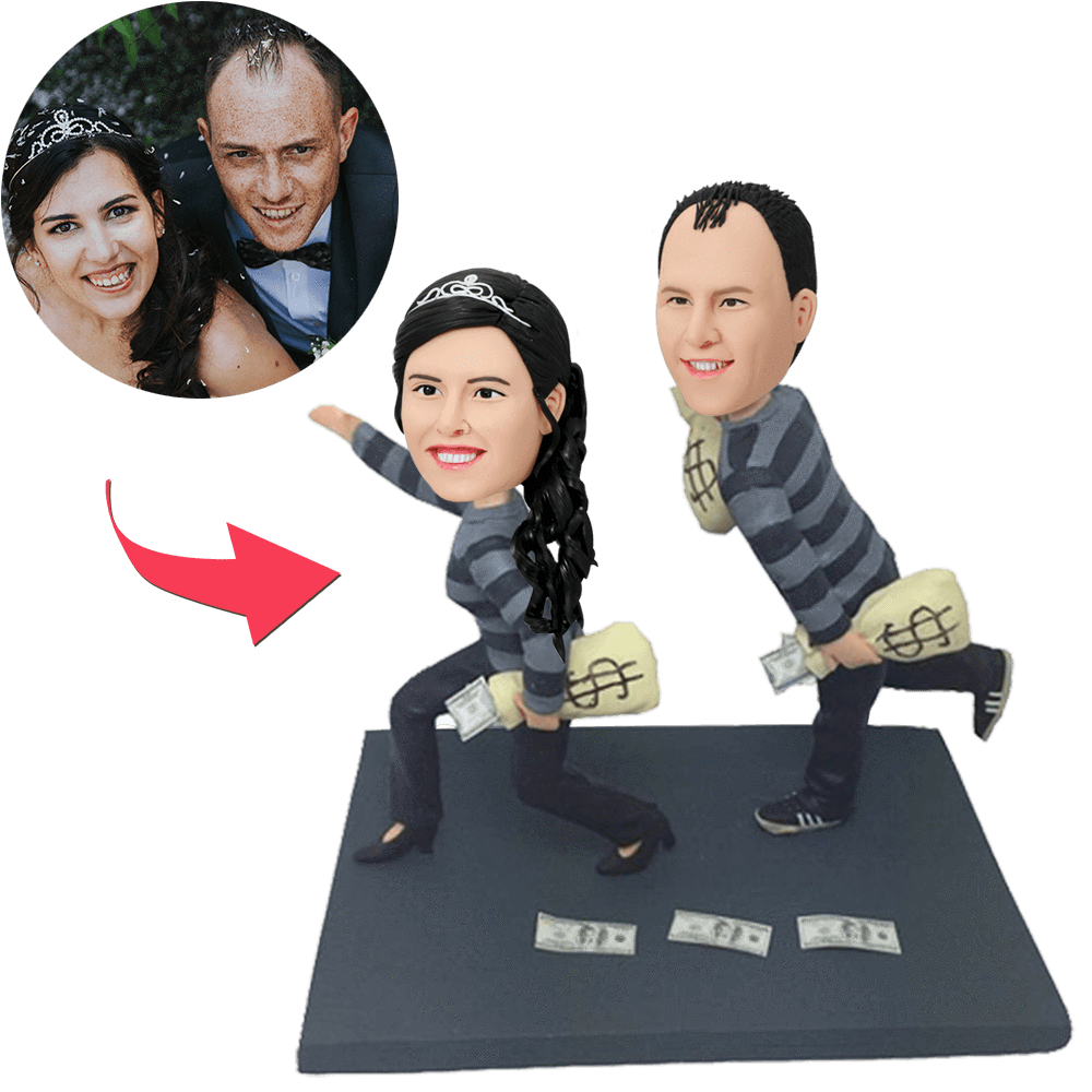 Personalised funny robbers couple bobblehead in hand-sculpted polymer clay with engraved base — custom heads from photos, quirky anniversary or wedding gift