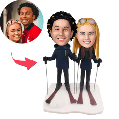 Custom Skiing Couple Bobblehead with Personalised Engraved Text – Handmade Gift