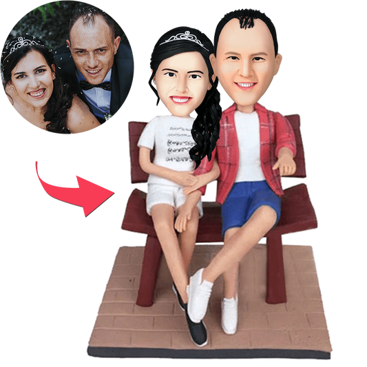 Personalised 'Couple in the Chair' bobblehead with engraved name on base, polymer clay figurine of a seated couple – custom couple bobblehead and personalised anniversary gift