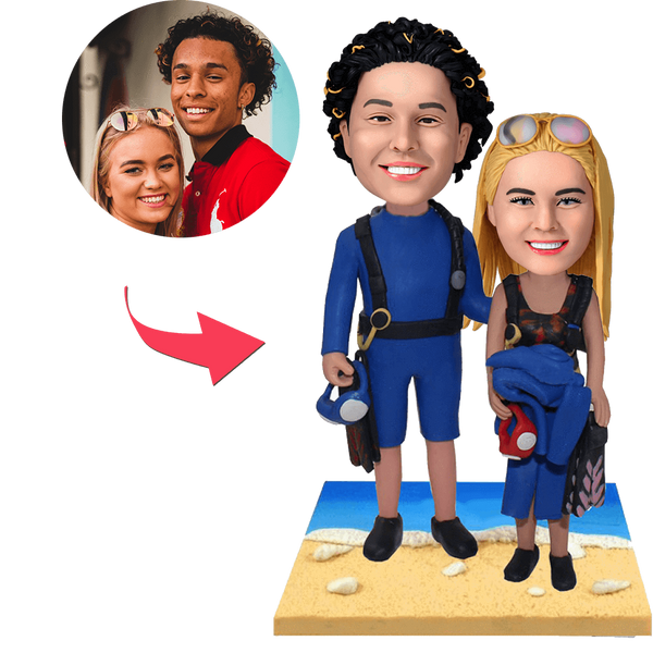 Custom Beach Couple Bobblehead With Personalised Engraved Text - Personalised Wetsuit Figurine