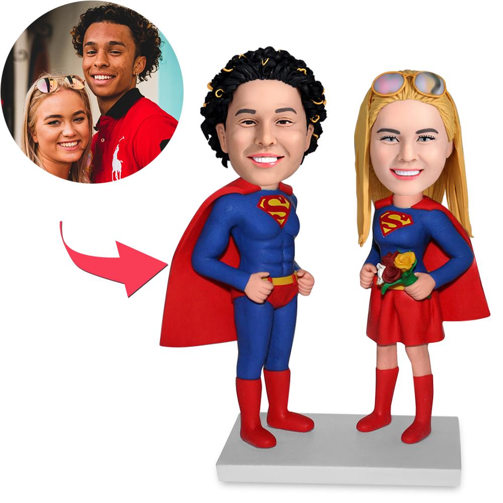 Personalised Couples Superman bobblehead with engraved text – handcrafted polymer clay figurine of a superhero couple; heads personalised from your photos